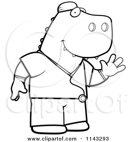 Cartoon Clipart Of A Black And White T Rex Surgeon Doctor In Scrubs - Vector Outlined Coloring Page by Cory Thoman