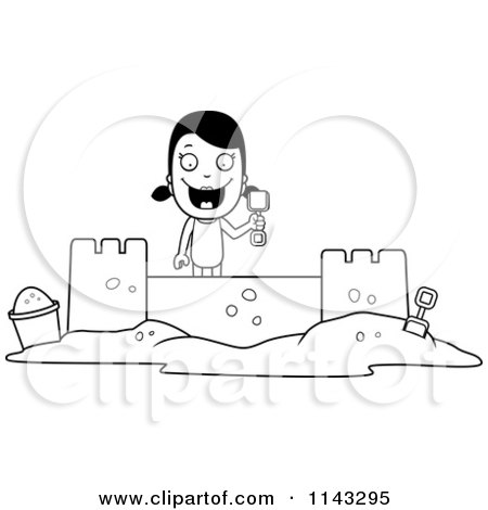 Cartoon Clipart Of A Black And White Summer Girl Building A Sand Castle - Vector Outlined Coloring Page by Cory Thoman