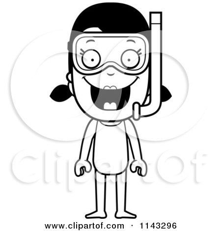 Cartoon Clipart Of A Black And White Summer Girl In Snorkel Gear And A Swimsuit - Vector Outlined Coloring Page by Cory Thoman