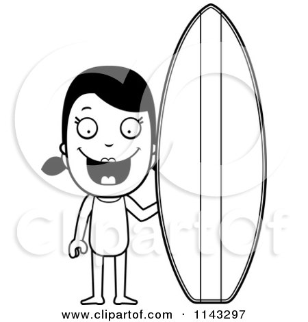 Cartoon Clipart Of A Black And White Summer Girl With A Surf Board - Vector Outlined Coloring Page by Cory Thoman