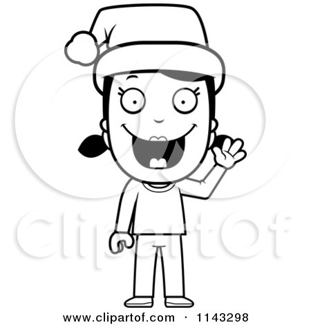 Cartoon Clipart Of A Black And White Christmas Girl Waving And Wearing A Santa Hat - Vector Outlined Coloring Page by Cory Thoman