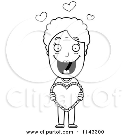 Cartoon Clipart Of A Black And White Sweet Granny Holding A Valentine Heart - Vector Outlined Coloring Page by Cory Thoman