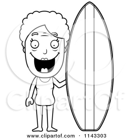 Cartoon Clipart Of A Black And White Senior Granny Woman With A Surfboard - Vector Outlined Coloring Page by Cory Thoman