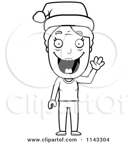 Cartoon Clipart Of A Black And White Happy Christmas Granny Waving And Wearing A Santa Hat - Vector Outlined Coloring Page by Cory Thoman