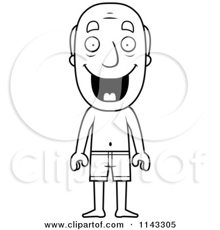 Cartoon Clipart Of A Black And White Summer Grandpa Wearing Swim Shorts - Vector Outlined Coloring Page by Cory Thoman