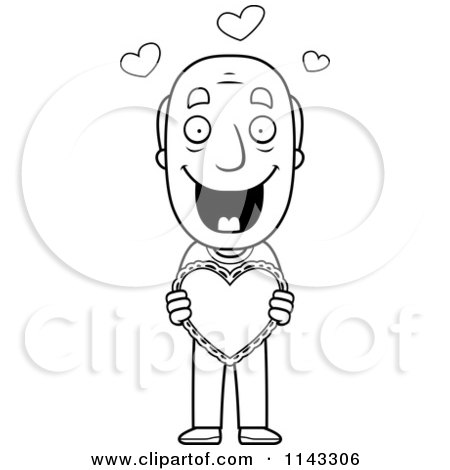Cartoon Clipart Of A Black And White Sweet Grandpa Holding A Valentine Heart - Vector Outlined Coloring Page by Cory Thoman