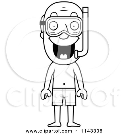 Cartoon Clipart Of A Black And White Summer Grandpa In Snorkel Gear And Swim Shorts - Vector Outlined Coloring Page by Cory Thoman