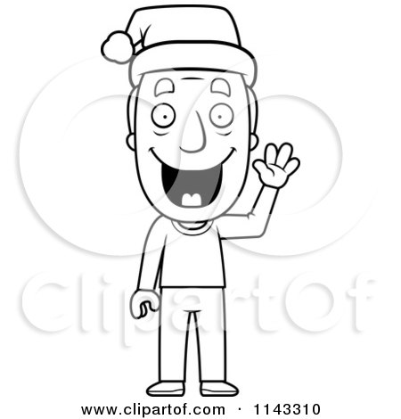 Cartoon Clipart Of A Black And White Happy Christmas Grandpa Waving And Wearing A Santa Hat - Vector Outlined Coloring Page by Cory Thoman
