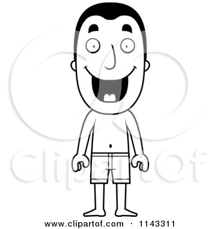 Cartoon Clipart Of A Black And White Summer Man In Swim Trunks - Vector Outlined Coloring Page by Cory Thoman