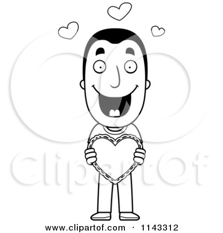Cartoon Clipart Of A Black And White Sweet Man Holding A Valentine Heart - Vector Outlined Coloring Page by Cory Thoman