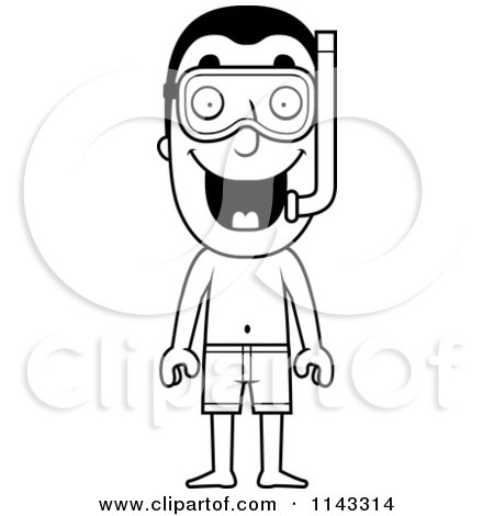 Cartoon Clipart Of A Black And White Summer Man In Swim Trunks And Snorkel Gear - Vector Outlined Coloring Page by Cory Thoman