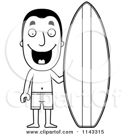 Cartoon Clipart Of A Black And White Summer Man With A Surf Board - Vector Outlined Coloring Page by Cory Thoman