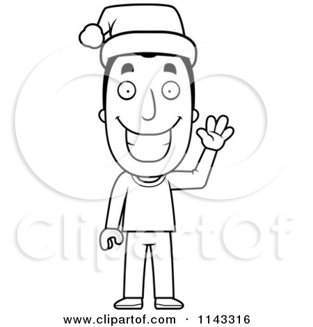 Cartoon Clipart Of A Black And White Happy Christmas Man Waving And Wearing A Santa Hat - Vector Outlined Coloring Page by Cory Thoman
