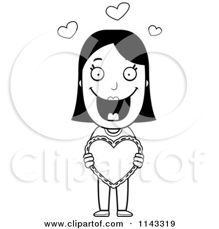 Cartoon Clipart Of A Black And White Sweet Woman Holding A Valentine Heart - Vector Outlined Coloring Page by Cory Thoman