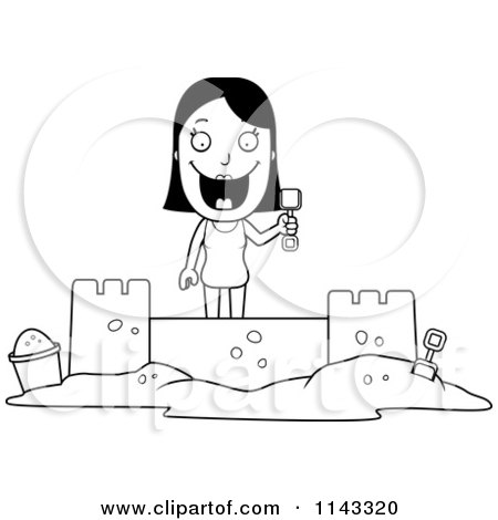 Cartoon Clipart Of A Black And White Summer Woman Building A Sand Castle - Vector Outlined Coloring Page by Cory Thoman