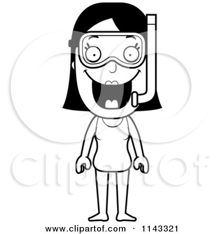 Cartoon Clipart Of A Black And White Summer Woman In A Swimsuit And Snorkel Gear - Vector Outlined Coloring Page by Cory Thoman