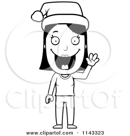 Cartoon Clipart Of A Black And White Happy Christmas Woman Waving And Wearing A Santa Hat - Vector Outlined Coloring Page by Cory Thoman
