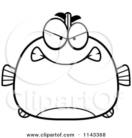 Cartoon Clipart Of A Black And White Chubby Mad Fish - Vector Outlined Coloring Page by Cory Thoman