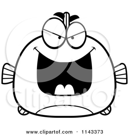 Cartoon Clipart Of A Black And White Chubby Evil Fish - Vector Outlined Coloring Page by Cory Thoman