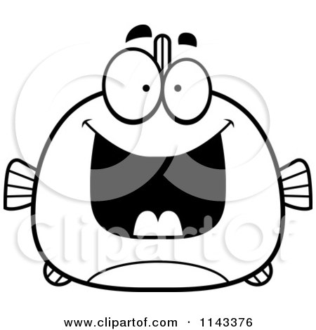 Cartoon Clipart Of A Black And White Chubby Grinning Fish - Vector Outlined Coloring Page by Cory Thoman
