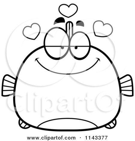 Cartoon Clipart Of A Black And White Chubby Infatuated Fish - Vector Outlined Coloring Page by Cory Thoman