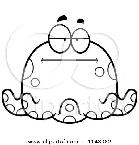 Cartoon Clipart Of A Black And White Chubby Bored Octopus - Vector Outlined Coloring Page by Cory Thoman