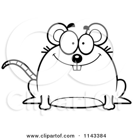 Cartoon Clipart Of A Black And White Chubby Happy Mouse - Vector Outlined Coloring Page by Cory Thoman