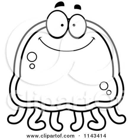 Cartoon Clipart Of A Black And White Happy Jellyfish - Vector Outlined Coloring Page by Cory Thoman