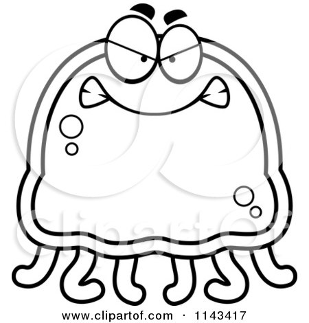 Cartoon Clipart Of A Black And White Mad Jellyfish - Vector Outlined Coloring Page by Cory Thoman