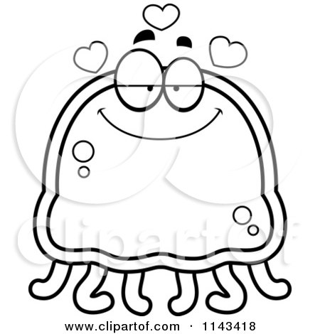 Cartoon Clipart Of A Black And White Infatuated Jellyfish - Vector Outlined Coloring Page by Cory Thoman