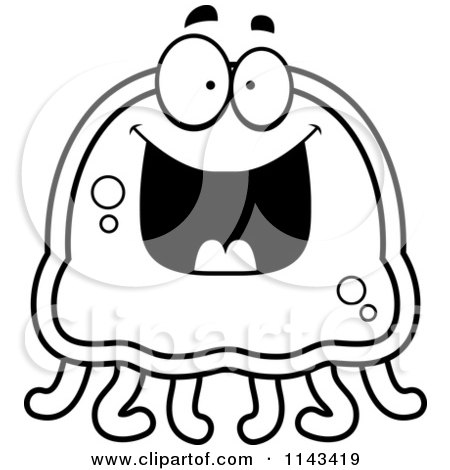 Cartoon Clipart Of A Black And White Grinning Jellyfish - Vector Outlined Coloring Page by Cory Thoman