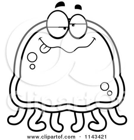Cartoon Clipart Of A Black And White Drunk Jellyfish - Vector Outlined Coloring Page by Cory Thoman