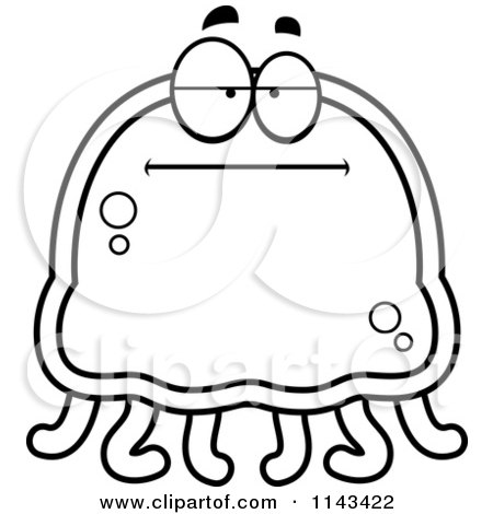 Cartoon Clipart Of A Black And White Bored Jellyfish - Vector Outlined Coloring Page by Cory Thoman
