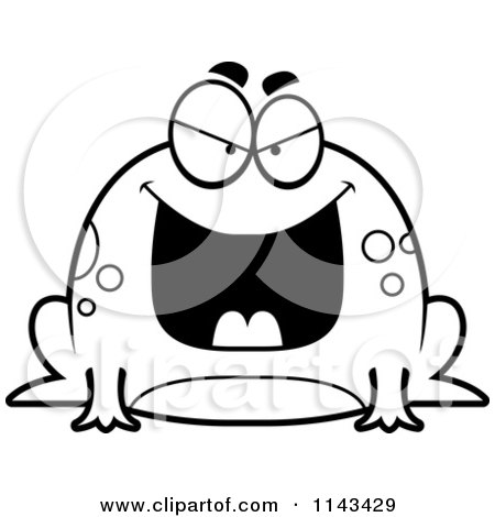 Cartoon Clipart Of A Black And White Chubby Evil Frog - Vector Outlined Coloring Page by Cory Thoman