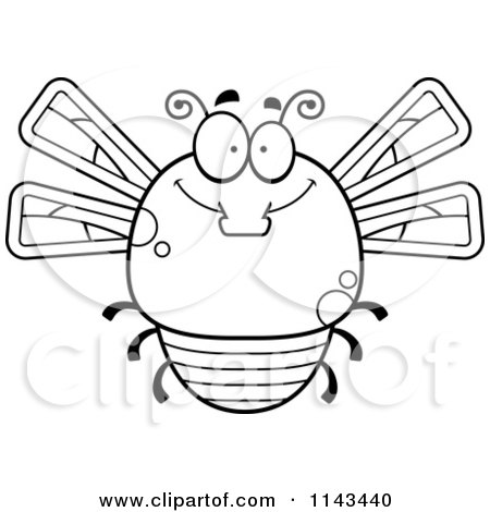 Cartoon Clipart Of A Black And White Chubby Smiling Dragonfly - Vector Outlined Coloring Page by Cory Thoman
