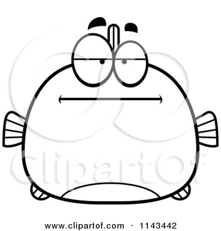 Cartoon Clipart Of A Black And White Chubby Bored Fish - Vector Outlined Coloring Page by Cory Thoman