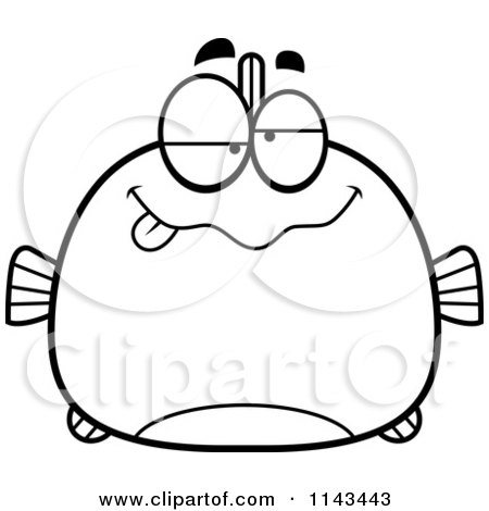 Cartoon Clipart Of A Black And White Chubby Drunk Fish - Vector Outlined Coloring Page by Cory Thoman