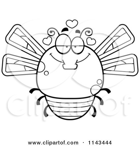 Cartoon Clipart Of A Black And White Chubby Infatuated Dragonfly - Vector Outlined Coloring Page by Cory Thoman