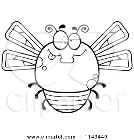 Cartoon Clipart Of A Black And White Chubby Drunk Dragonfly - Vector Outlined Coloring Page by Cory Thoman