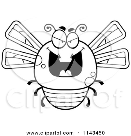 Cartoon Clipart Of A Black And White Chubby Evil Dragonfly - Vector Outlined Coloring Page by Cory Thoman