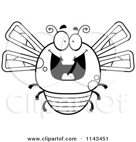 Cartoon Clipart Of A Black And White Chubby Grinning Dragonfly - Vector Outlined Coloring Page by Cory Thoman