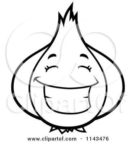 Cartoon Clipart Of A Black And White Happy Garlic Character - Vector Outlined Coloring Page by Cory Thoman