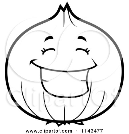 Cartoon Clipart Of A Black And White Happy Onion Character - Vector Outlined Coloring Page by Cory Thoman