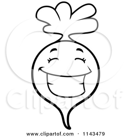 Cartoon Clipart Of A Black And White Happy Radish Character - Vector Outlined Coloring Page by Cory Thoman
