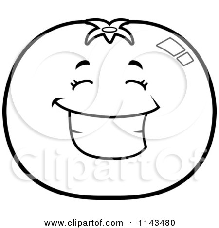 Cartoon Clipart Of A Black And White Happy Tomato Character - Vector Outlined Coloring Page by Cory Thoman