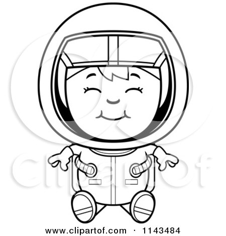 Cartoon Clipart Of A Black And White Sitting Astronaut Girl - Vector Outlined Coloring Page by Cory Thoman