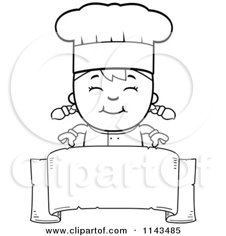 Cartoon Clipart Of A Black And White Happy Chef Girl Over A Blank Banner - Vector Outlined Coloring Page by Cory Thoman