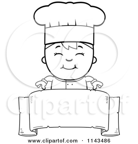 Cartoon Clipart Of A Black And White Happy Chef Boy Over A Blank Banner - Vector Outlined Coloring Page by Cory Thoman