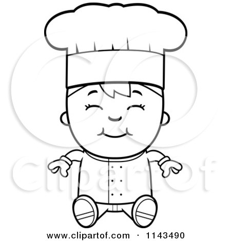 Cartoon Clipart Of A Black And White Happy Chef Boy Sitting - Vector Outlined Coloring Page by Cory Thoman