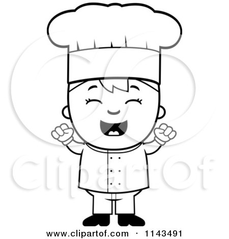Cartoon Clipart Of A Black And White Celebrating Chef Boy - Vector Outlined Coloring Page by Cory Thoman